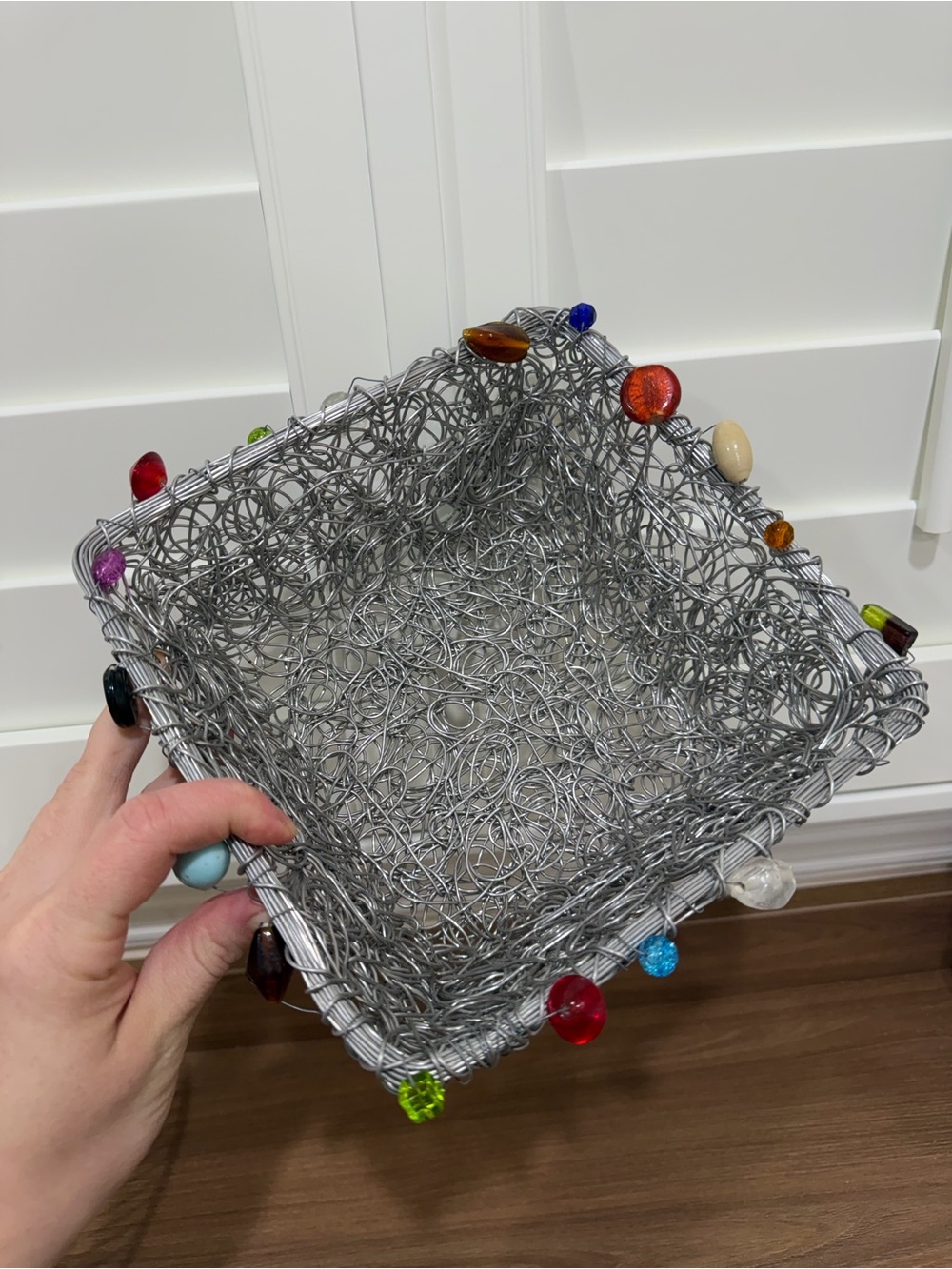 Decorative Silver Wire Basket with Multicolor Bead Accents